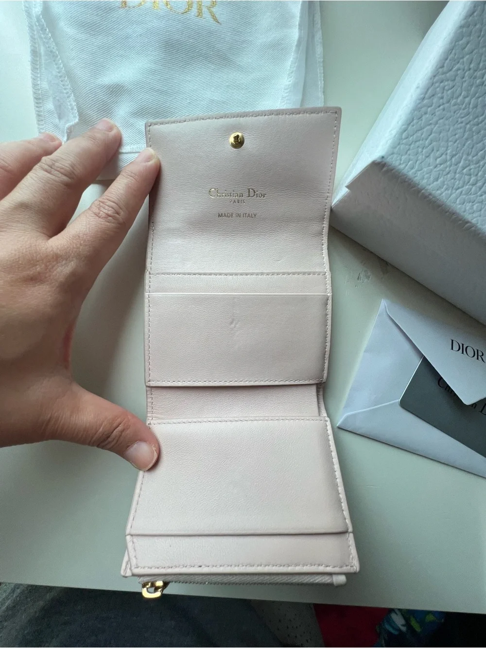 Dior Light Pink Quilted Leather Card Wallet with Gold Hardware